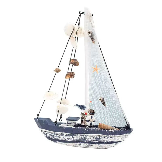 Wooden Craftsmanship Mediterranean Home Decor Blue and White Shell Sailboat Vintage Style Handmade Crafts Gifts Smooth Sailing