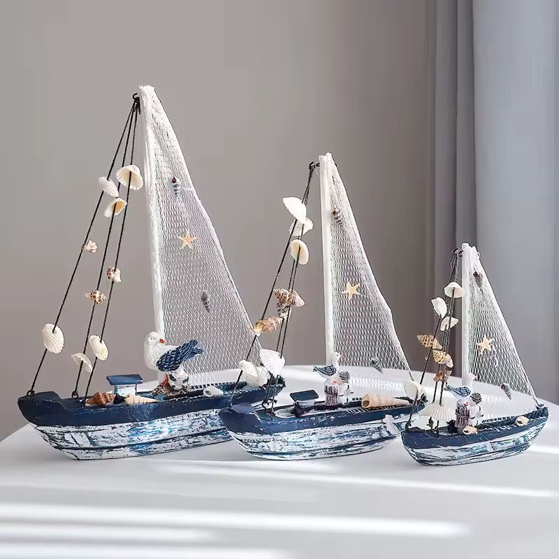 Wooden Craftsmanship Mediterranean Home Decor Blue and White Shell Sailboat Vintage Style Handmade Crafts Gifts Smooth Sailing
